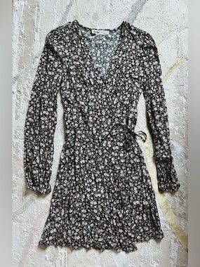 Elodie Black Floral Wrap Dress with Pink Ditsy Print